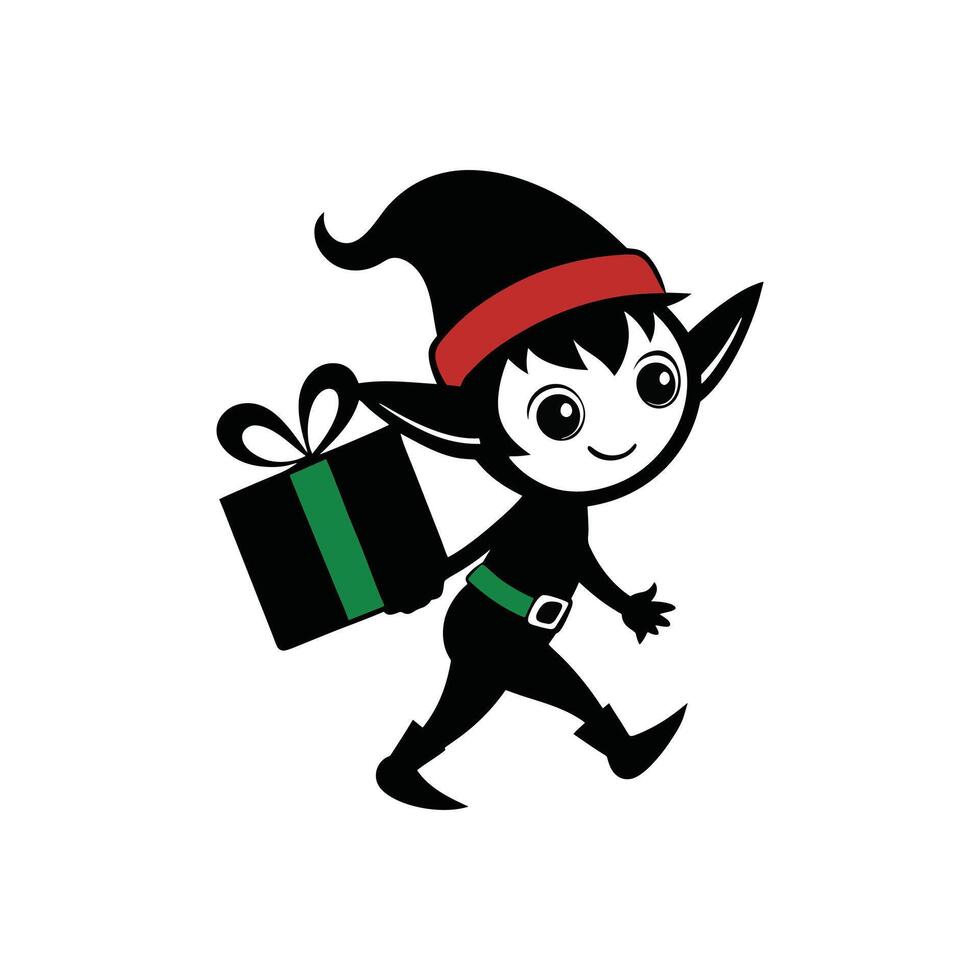 Small Elf Carrying a Gift Box Tied with Big Bow vector
