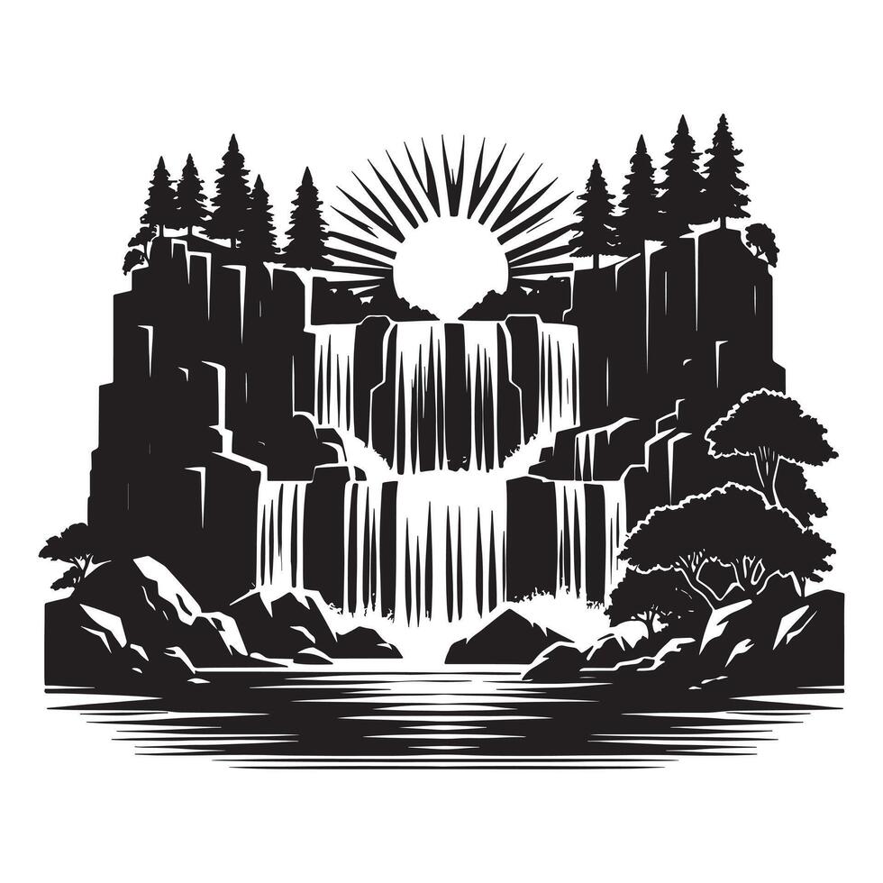 Rocky Waterfall Black Silhouette on White Background vector