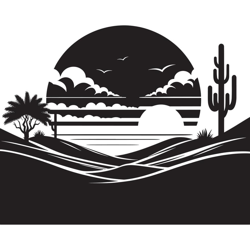 Minimalist Design of Desert Sunrise Black Silhouette on White Background vector