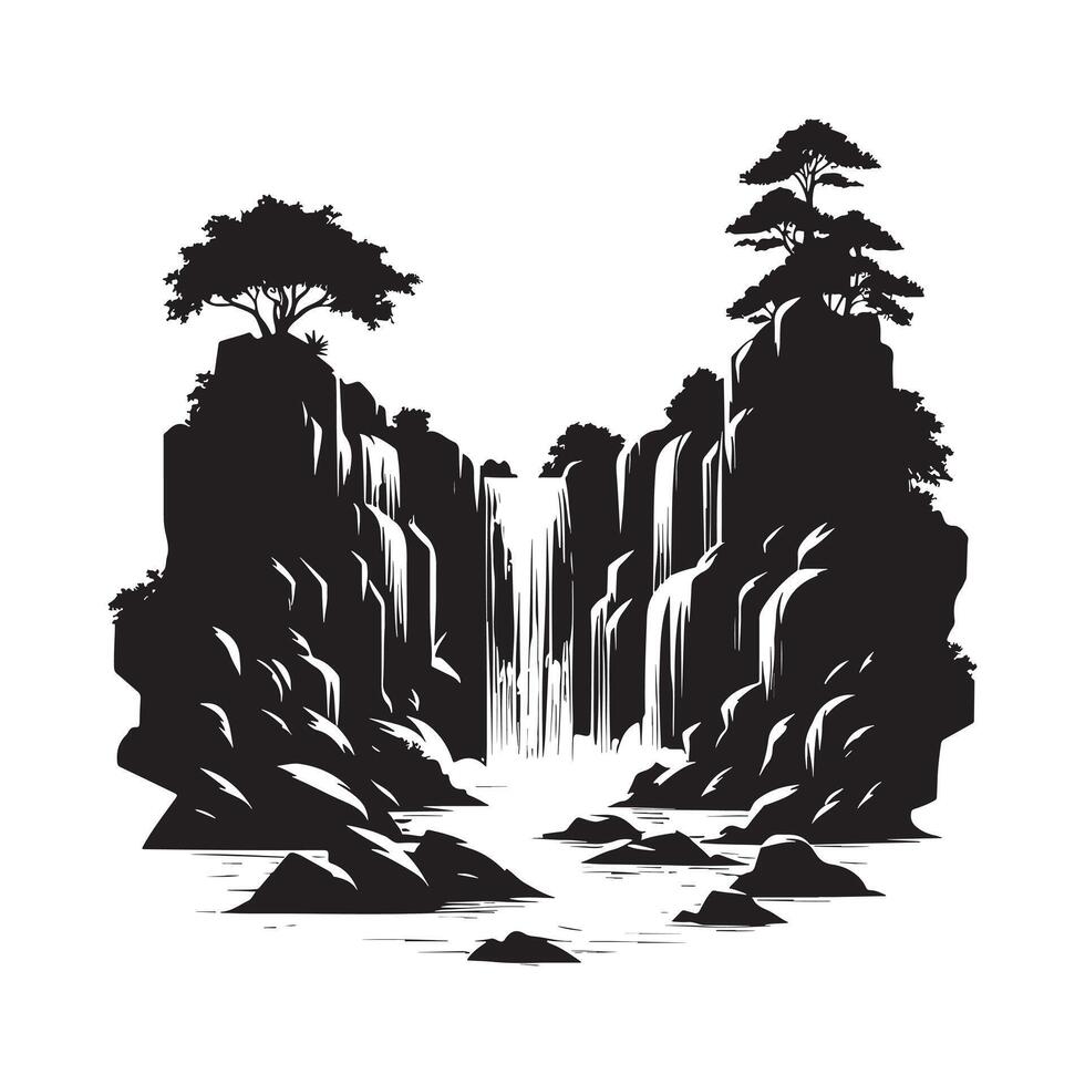 Black Silhouette of Waterfall Cascading Over Rocks on White Background vector