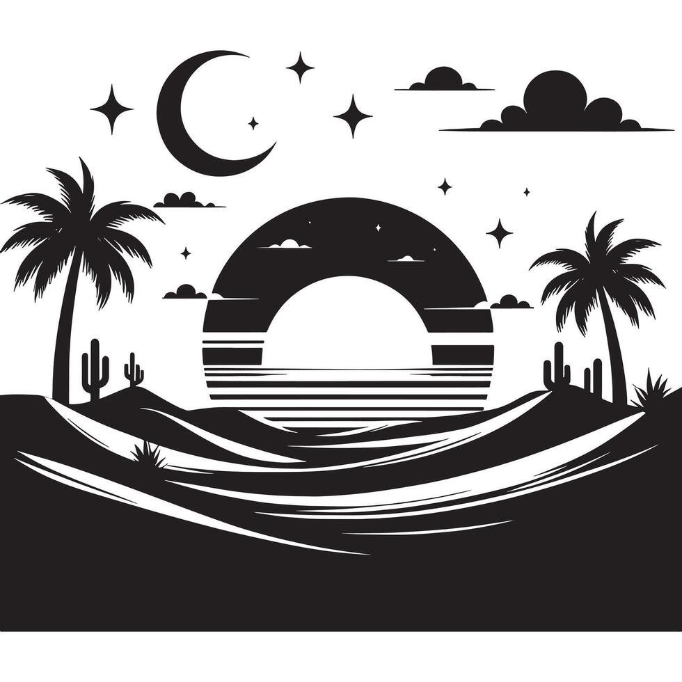 Minimalist Desert Sunrise Silhouette Artwork on White Background vector