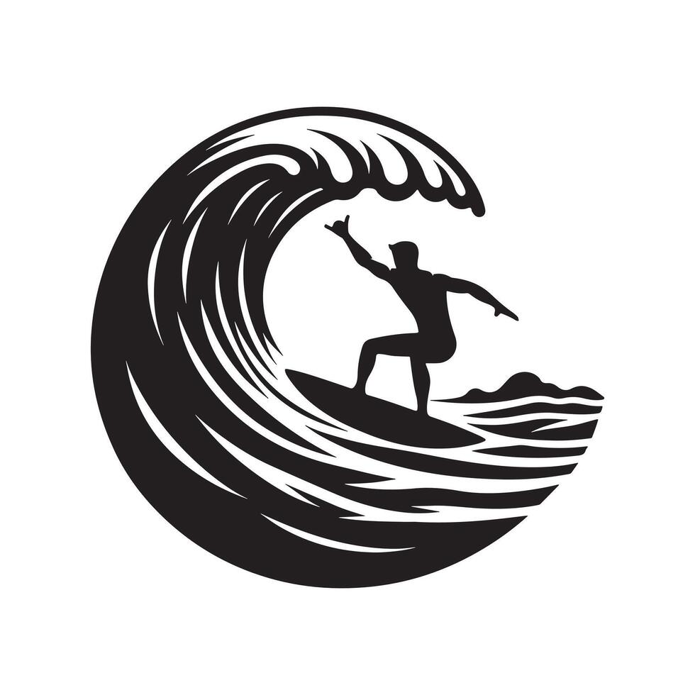 Black Silhouette of Surfer on Wave Minimalist Design on White Background vector