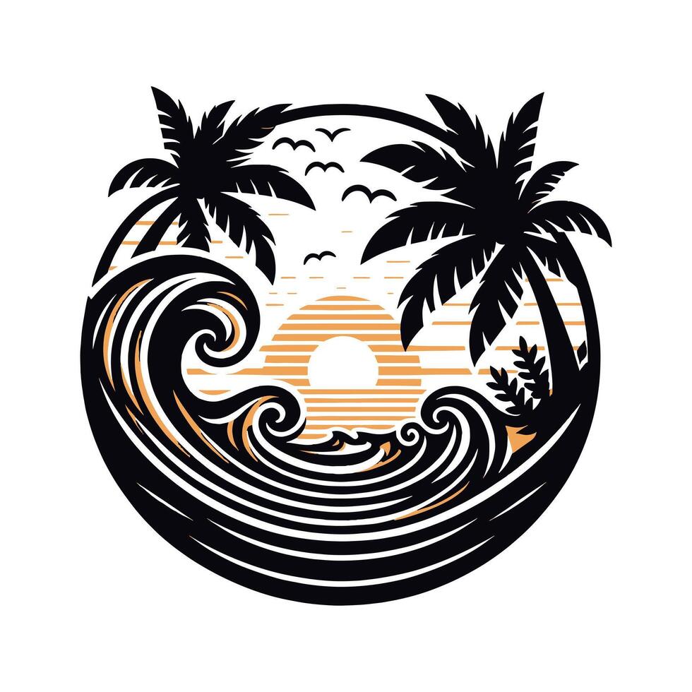 Minimalist Black Silhouette of Sunset Wave on White Background vector