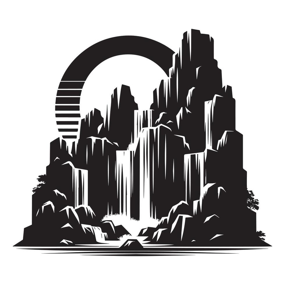 Rocky Waterfall Black Silhouette Design on White Background vector