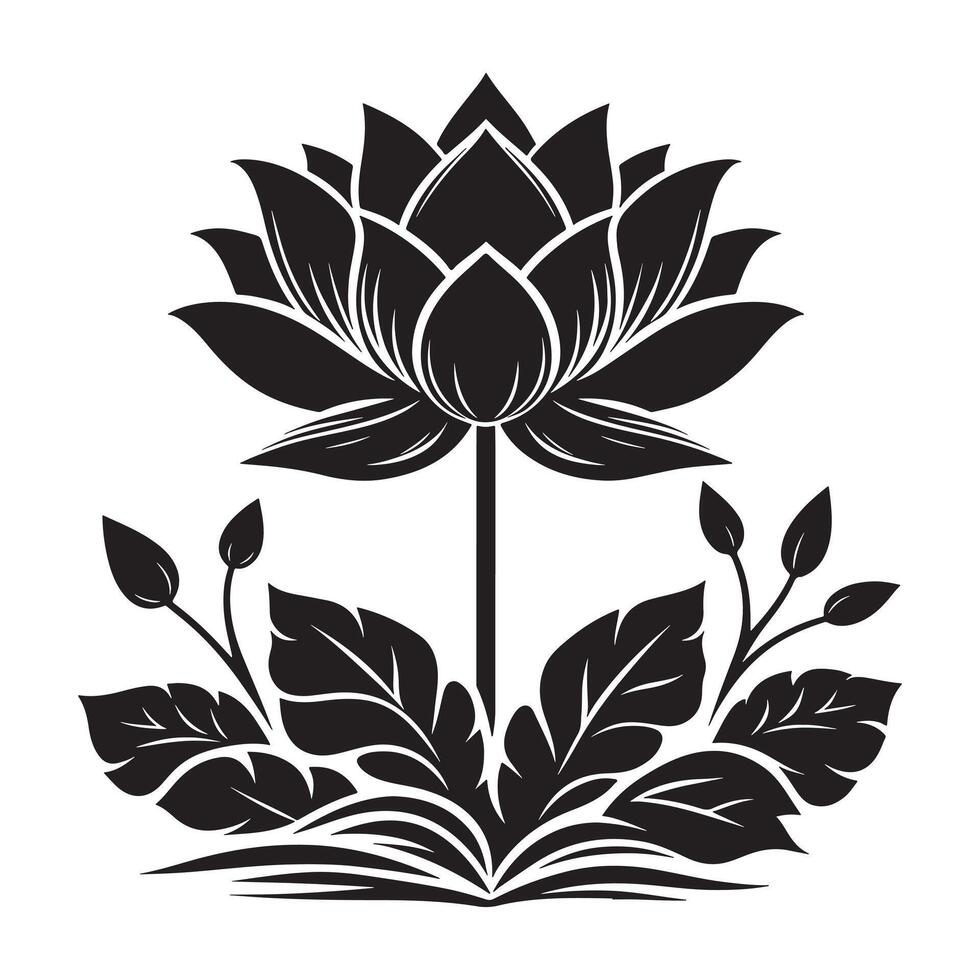 Flat Black Silhouette of Lotus Flower Minimalist Design on White Background vector