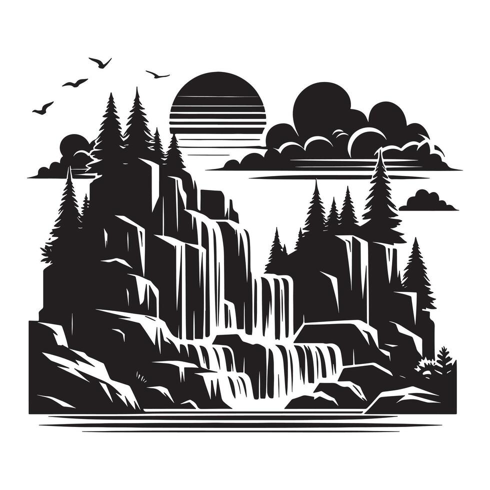 Minimal Rocky Waterfall Silhouette Design on White Background vector
