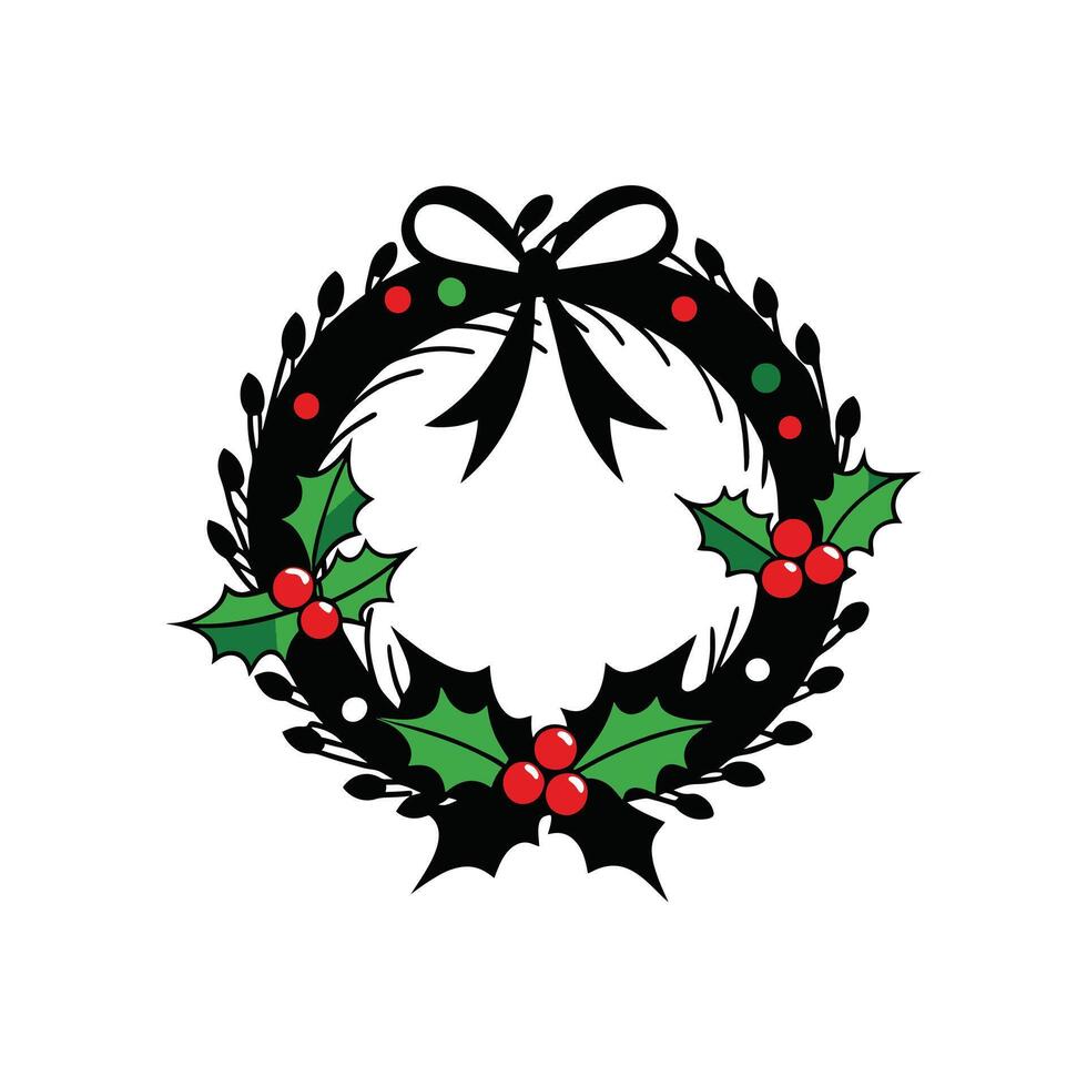 Ribbon Wrapped Wreath with Delicate Holly Accents vector