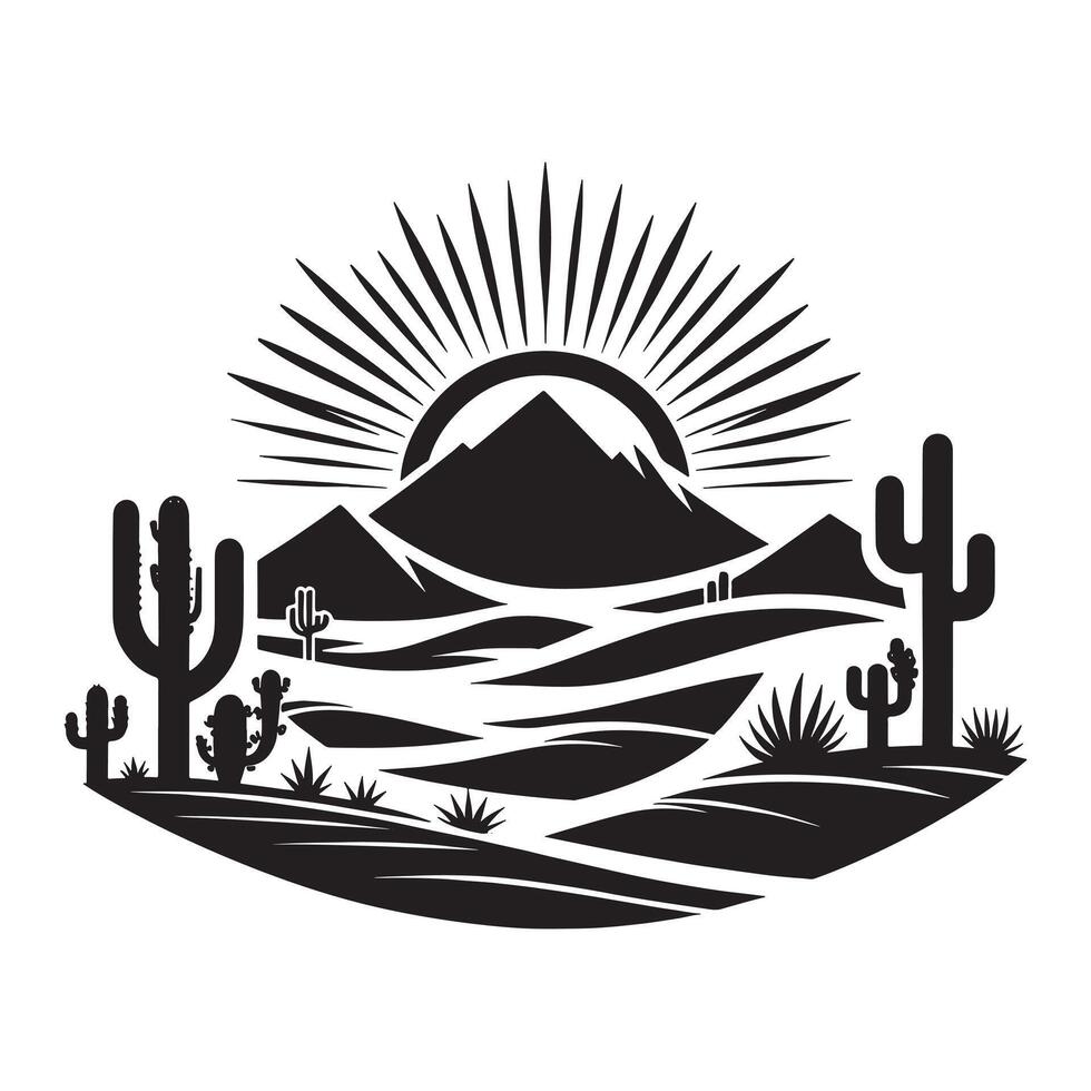 Minimalist Black Silhouette Design of Desert Sunrise on White Background vector