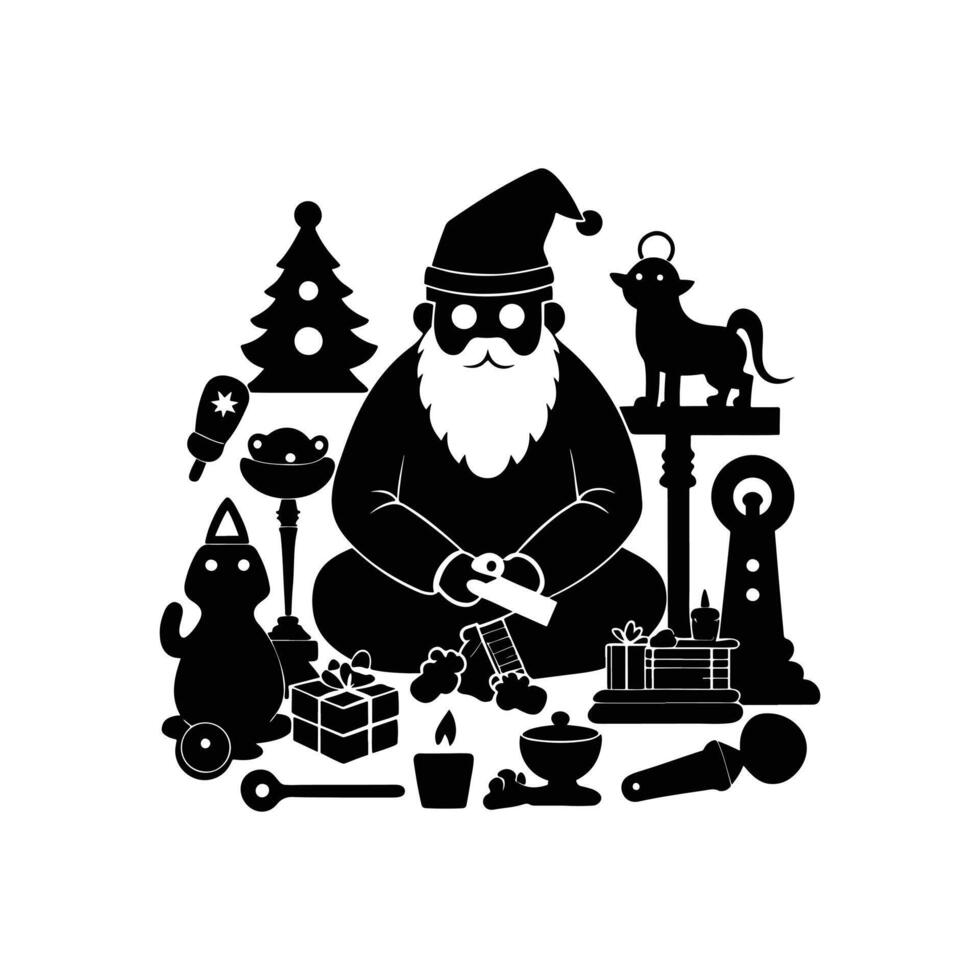 Santa Claus Silhouette Sitting in Workshop Holiday Art vector
