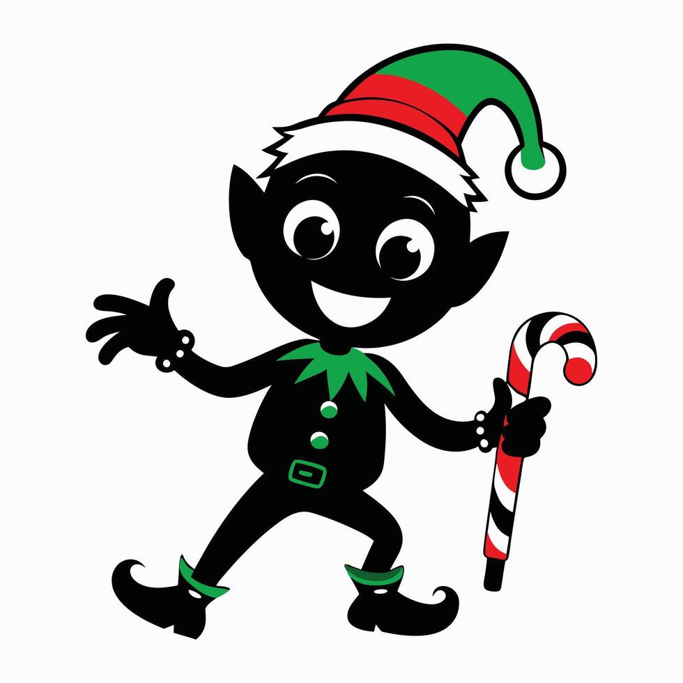 Cheerful Christmas Elf Black Silhouette on White Background vector