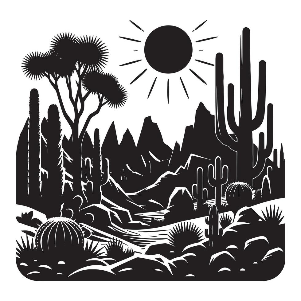 Black Silhouette of Rocky Desert Landscape on White Background vector