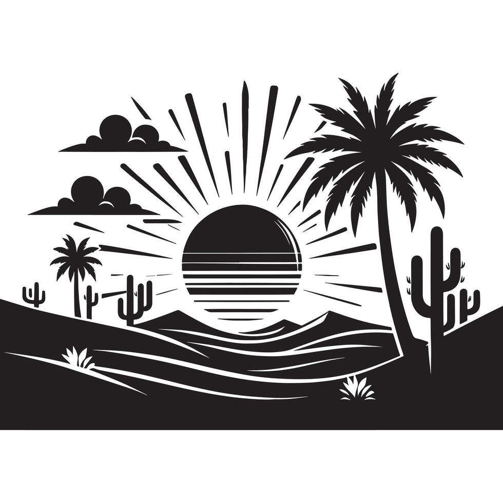 Black Silhouette of Desert Sunrise Artwork on White Background vector