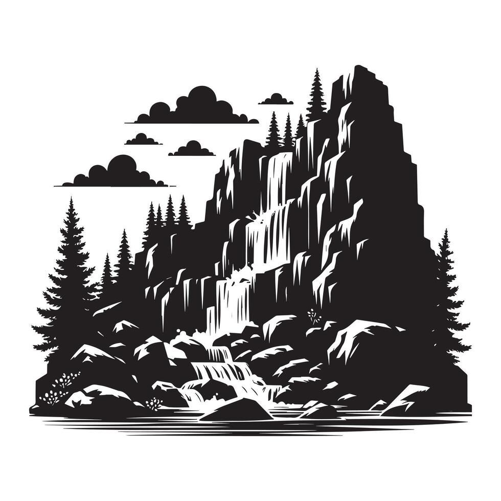 Black Silhouette of Rocky Waterfall on White Background vector