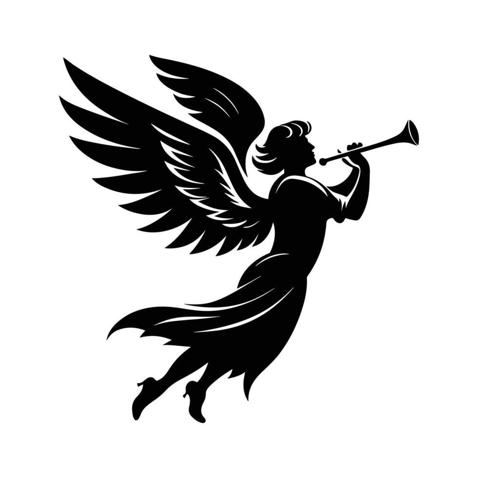Angel Blowing a Long Trumpet with Wings Spread Wide vector