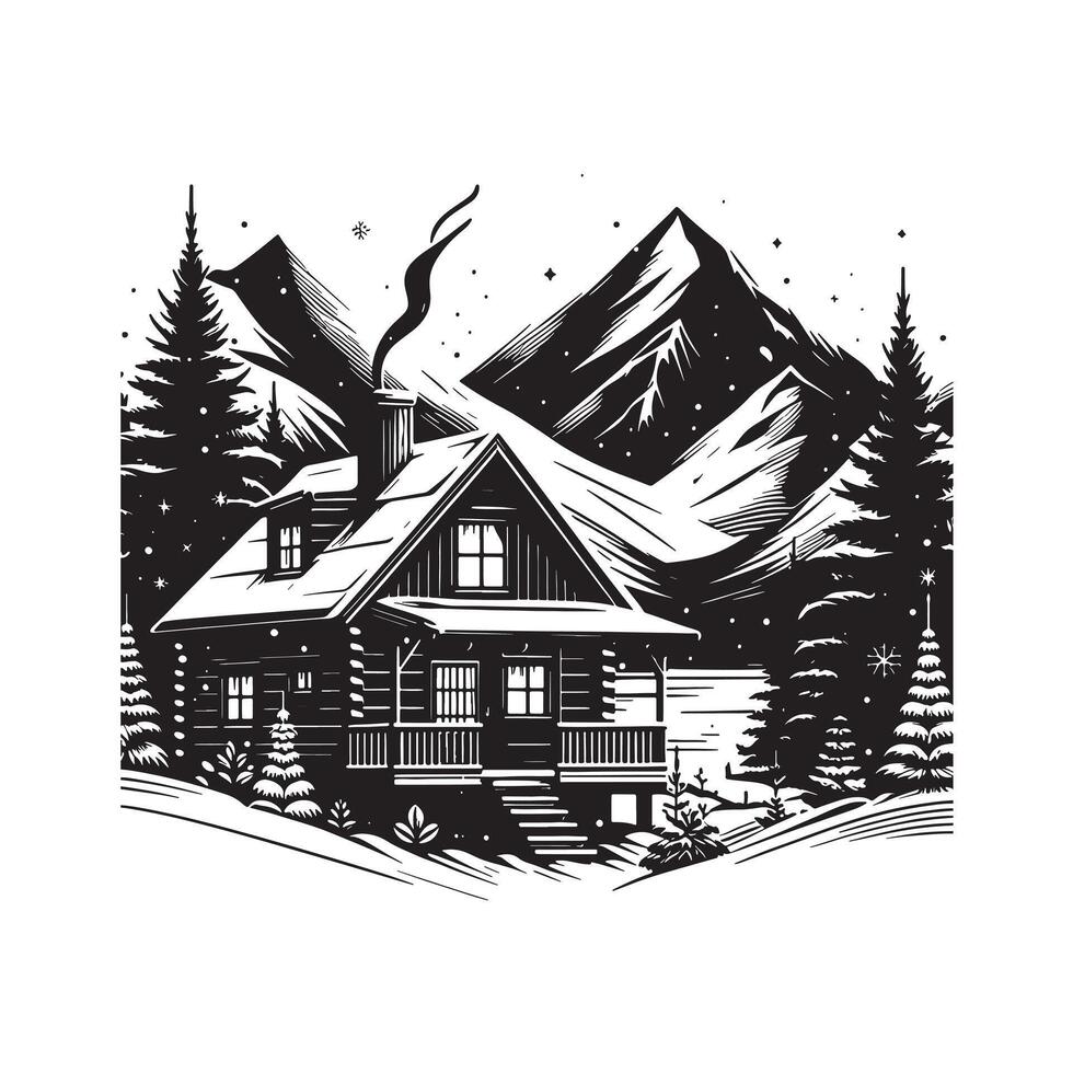 Winter Cabin Silhouette on White Background vector