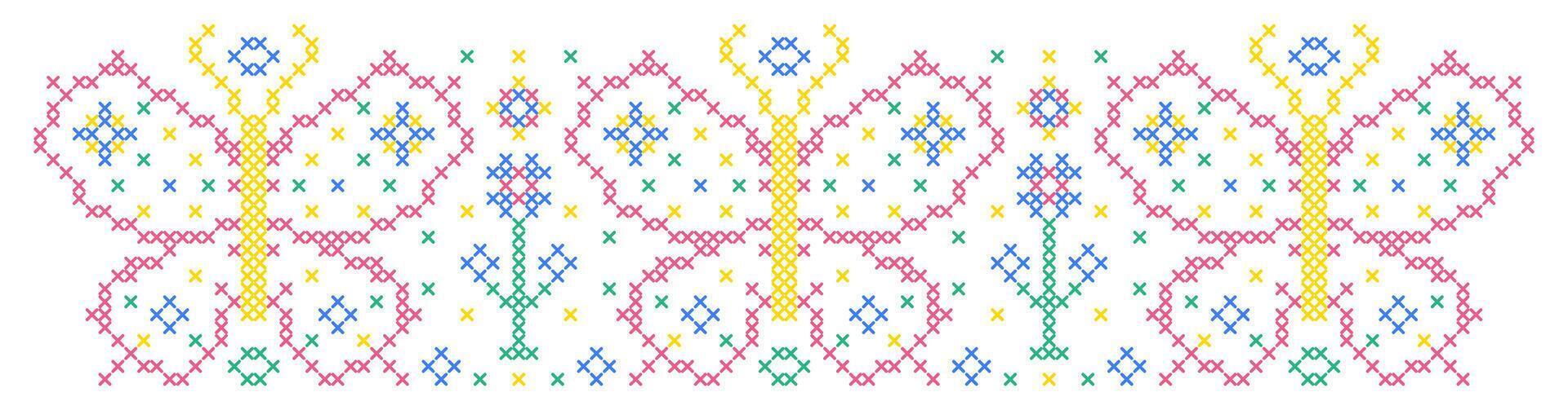 Pattern in cross stitch style with flowers and butterflies. vector