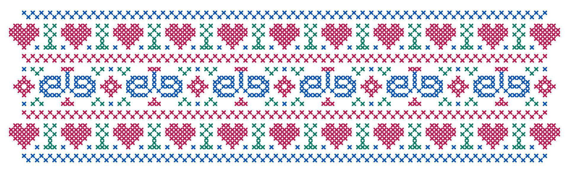 Pattern with hearts in cross stitch style on white background. vector