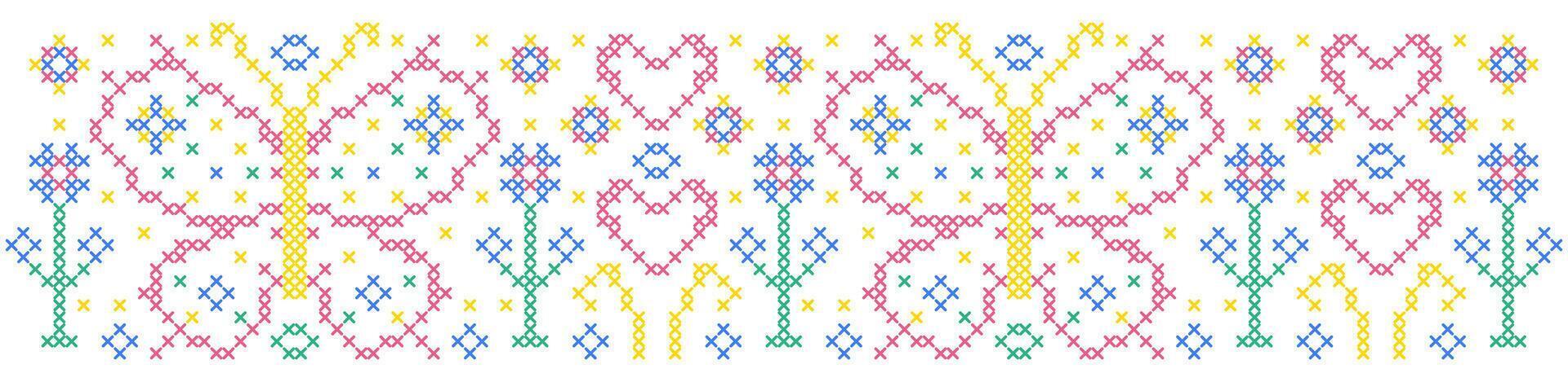 Pattern in cross stitch style with flowers, butterflies and hearts. vector