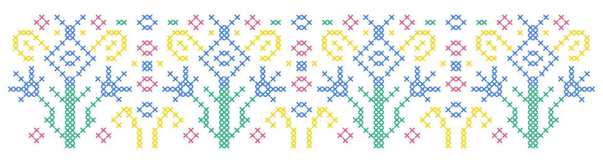 Pattern with flowers in cross stitch style on white background. vector
