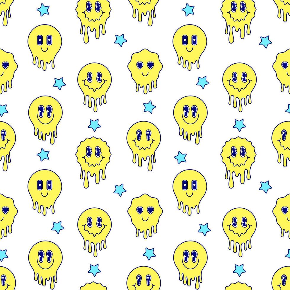 Seamless pattern with yellow melting emoticons on white background. vector