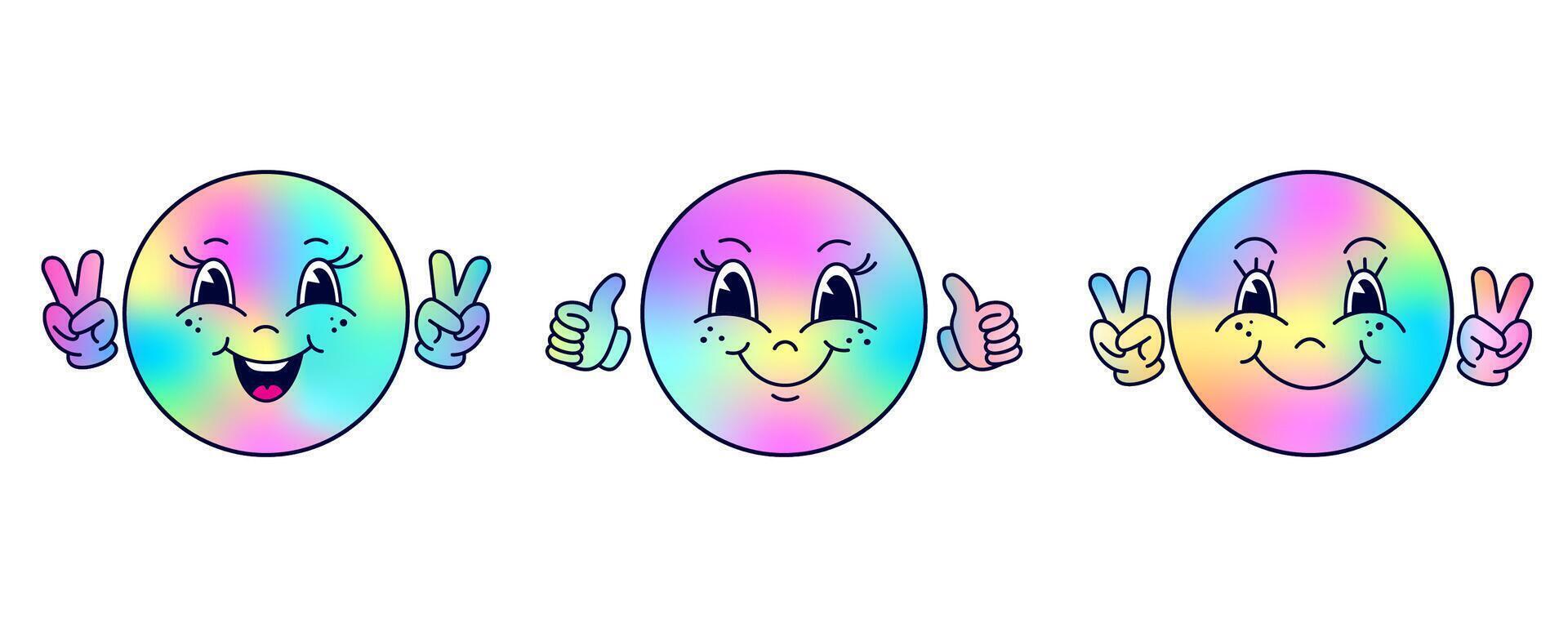 Set of iridescent emoticons in cartoon style. Line art style.Holographic colors. vector