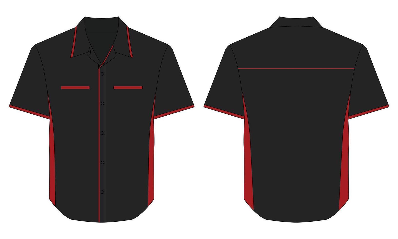 Black and red short sleeve work shirt mockup front and back view vector