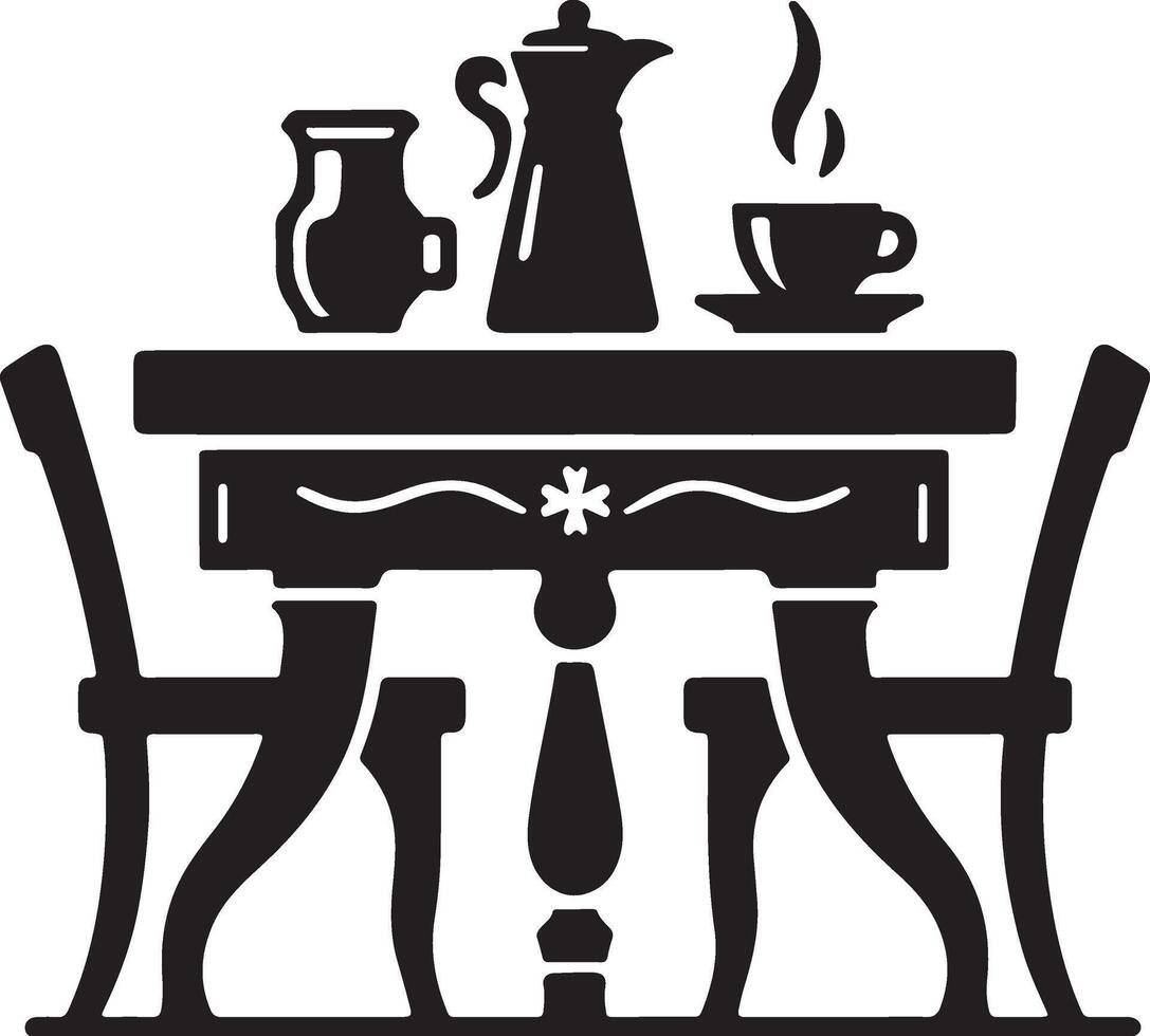 a black and white illustration of a table and chairs vector