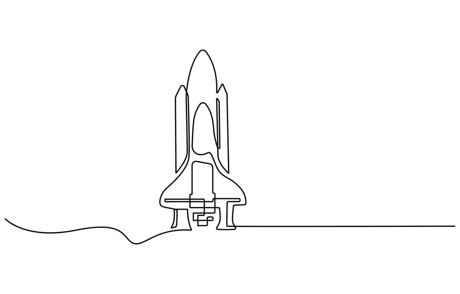 One continuous line drawing of simple retro spacecraft flying up to the outer space nebula vector