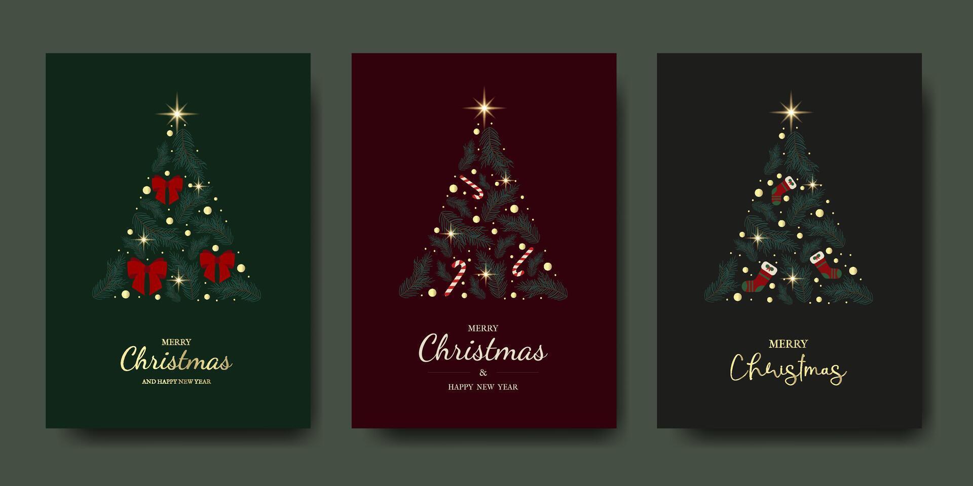 Set of Luxury Christmas Tree Posters with Trendy Fonts. Illustration. Collection of Holiday Banners for social media, advertising, cards, web, marketing. Merry Christmas and Happy New Year. vector
