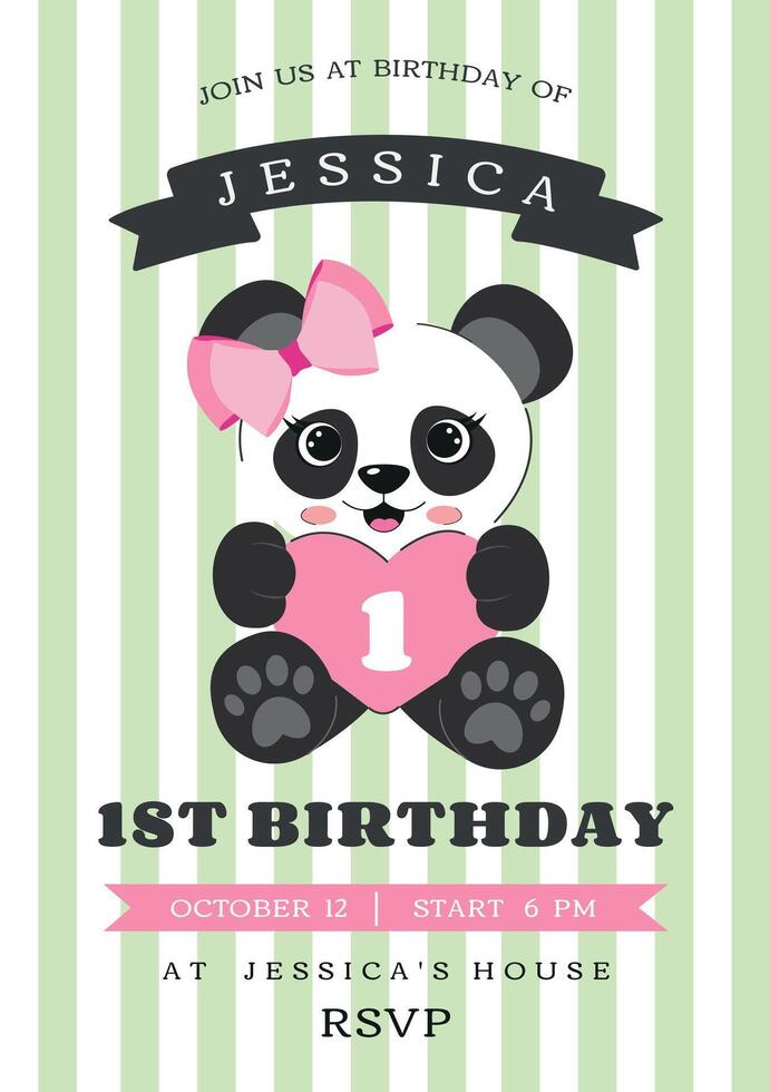 Pink , green Happy Birthday Panda Invitation Card Cute Illustration Kids Greeting Poster. Birthday Party template for stories, social media, celebration, children. Panda, Heart cap vector