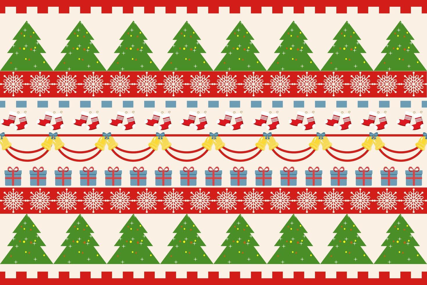 Christmas Design in a Seamless pattern with Christmas trees, gifts, socks, wrapping paper template on a festive background The concept of Christmas, New Year, Christmas Eve. vector