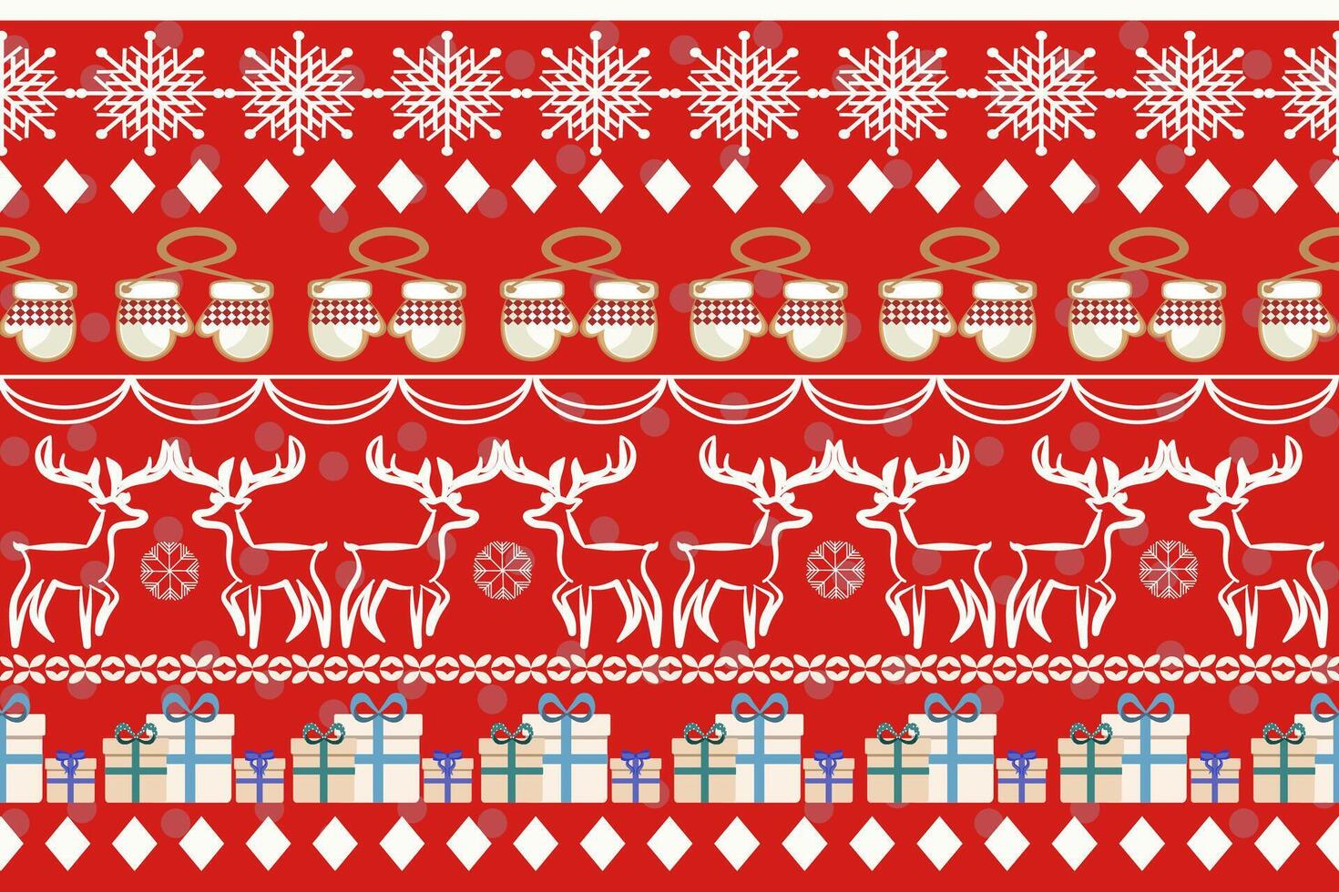 A red Christmas with a gloves, gifts, reindeers, snowflakes, seamless pattern, wrapping paper template on a festive background, The concept of Christmas, New Year, Christmas Eve. vector