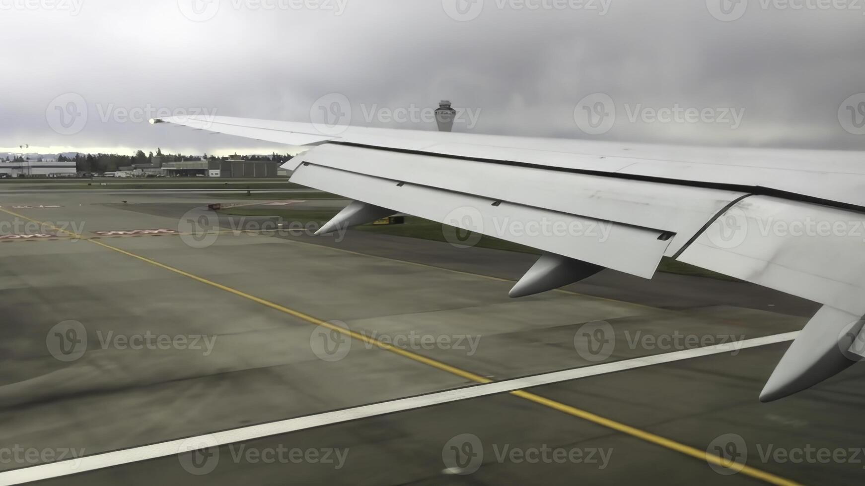 Airplane Wing During the Process of Landing on a Cloudy and Overcast Day in the Sky photo