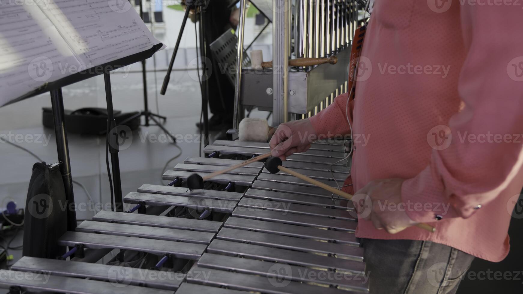 A talented musician is enthusiastically playing a xylophone during an outdoor performance event. Clip photo