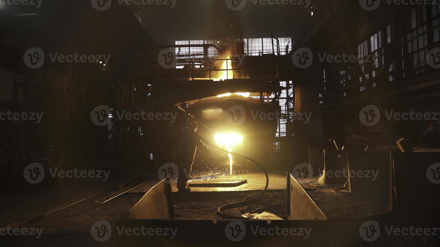 An Industrial Worker is employed in the challenging and intense environment of a Melting Furnace. Stock Clip photo