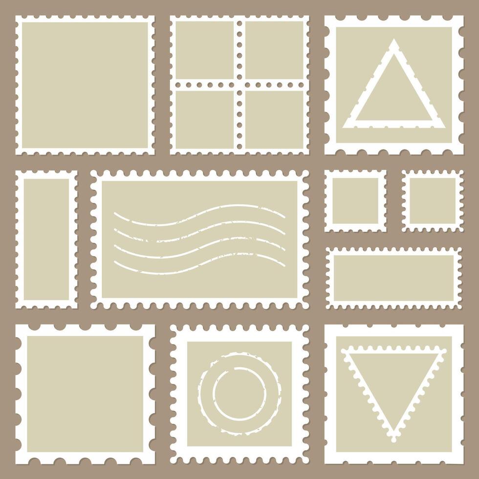 Blank rectangle and square postage stamps, with a shadow isolated on beige background. Empty template paper mark symbol of delivery correspondence. Frame border vector