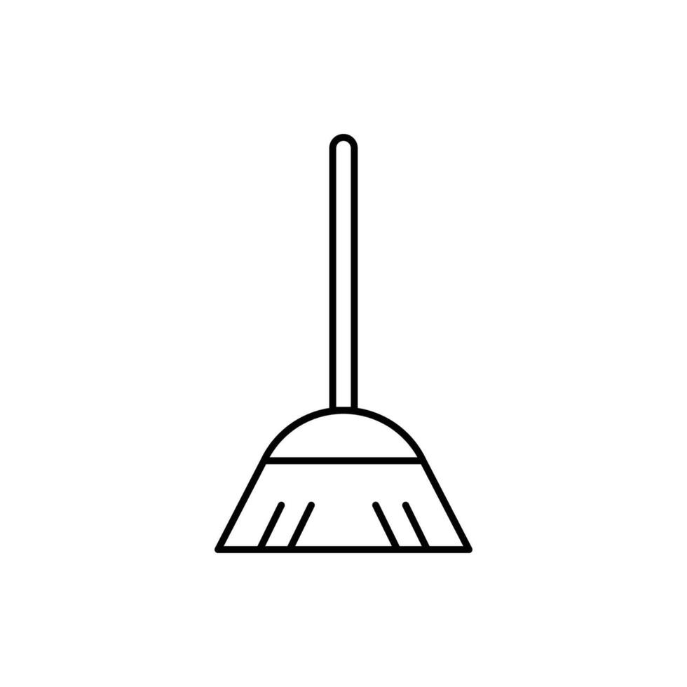 Thin Outline Icon Broom, Besom or Short Brush of Bound Straw Near a Pile of Garbage. Such Line sign as Cleaning Garbage, Cleanup, Sweeping. Computer Pictograms White Background Editable Stroke. vector