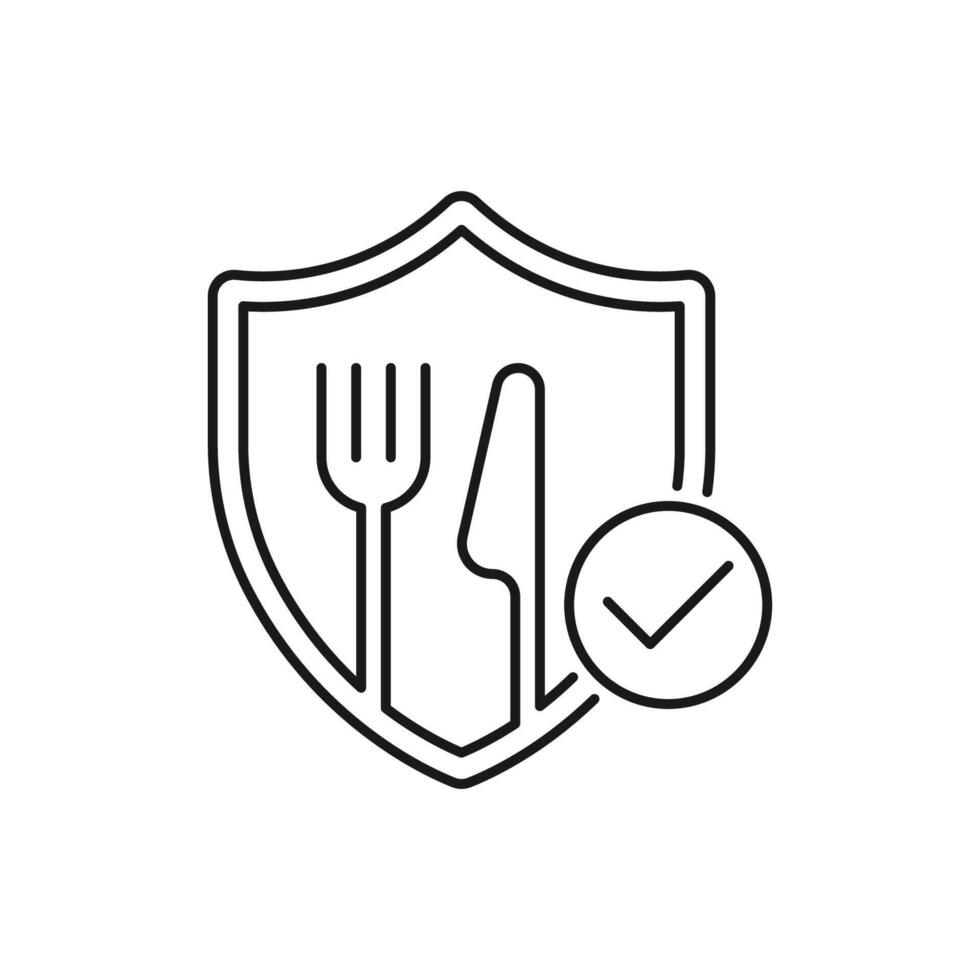 food safety icon, shield with fork and knife, ecological pure product, thin line symbol - editable stroke illustration vector