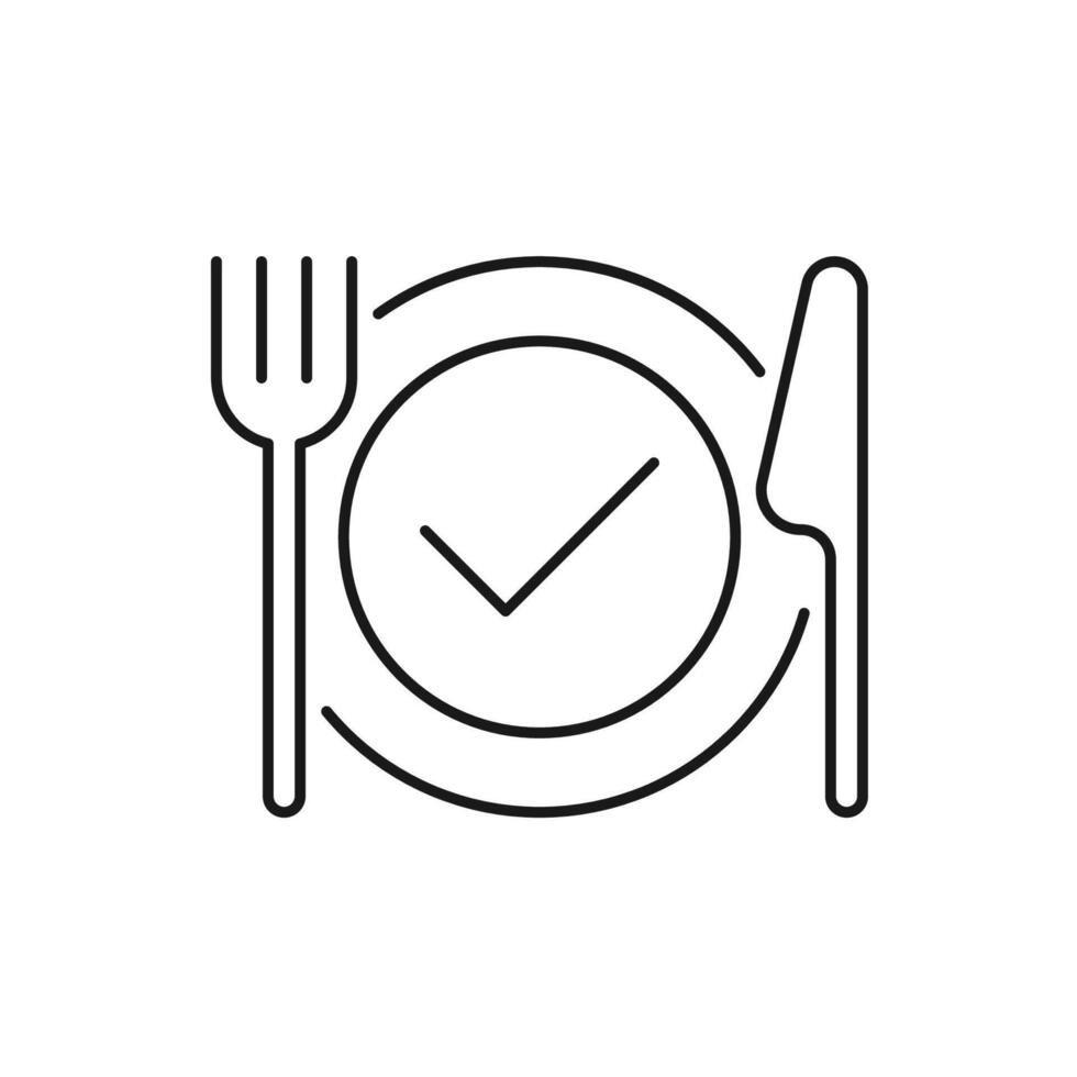 food safety icon, shield with fork and knife, ecological pure product, thin line symbol - editable stroke illustration vector