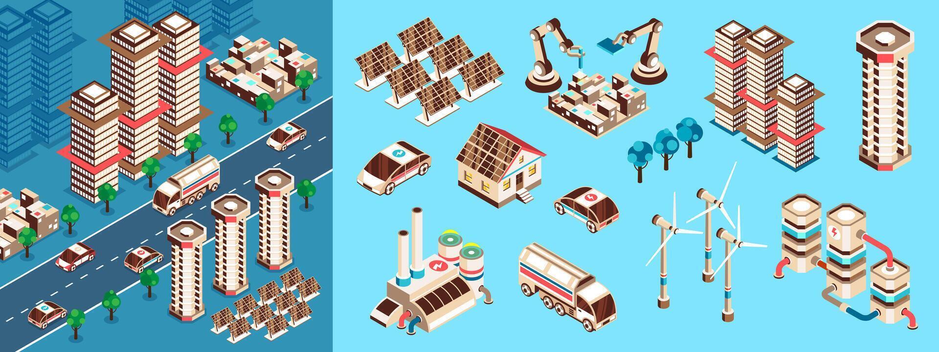 Smart industry icon set and illustration in isometric view vector