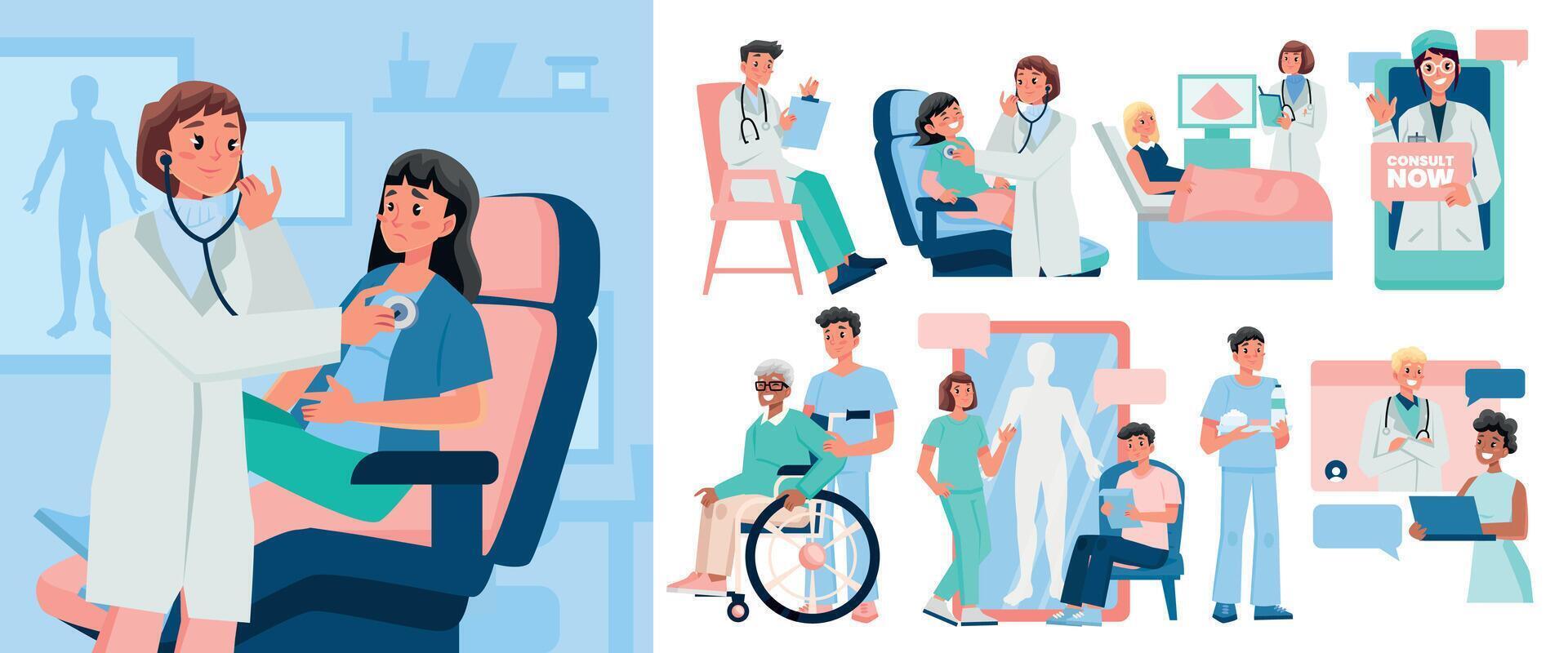 Medical Professionals and Patients in Healthcare Settings vector
