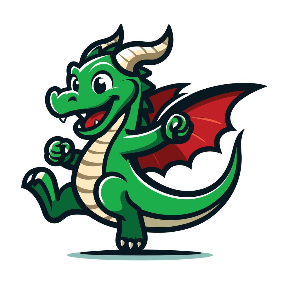 A cute and funny green cartoon dragon smiling happily vector