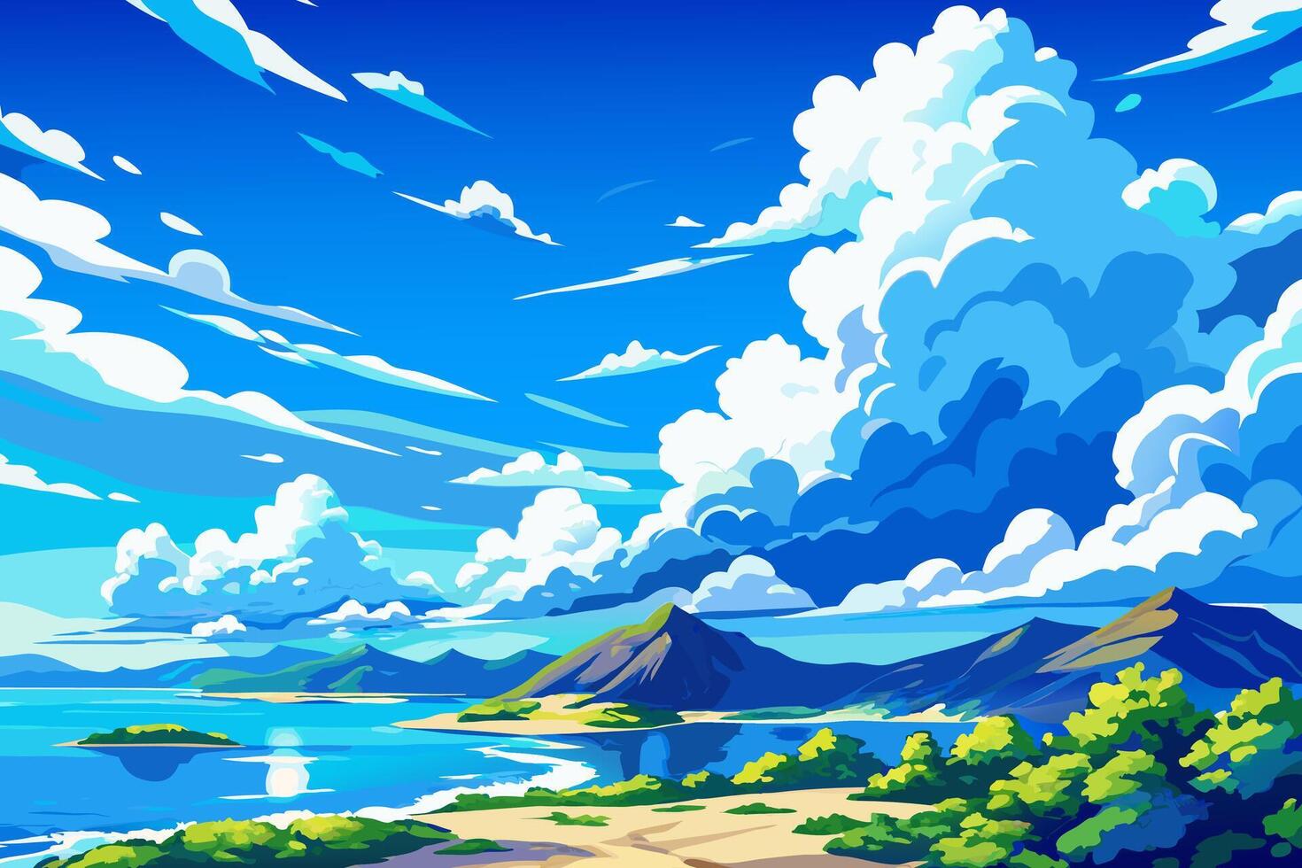 An anime style painting of a beach and clouds vector