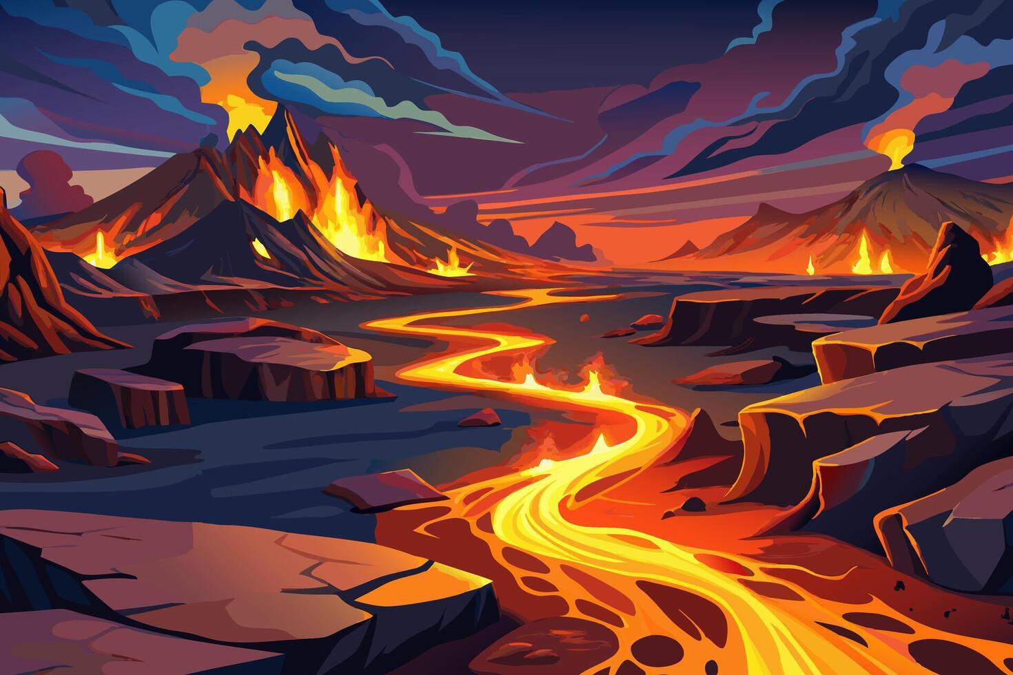 An illustration of a lava river flowing through a mountain vector