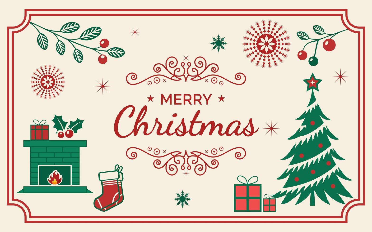 Merry Christmas greeting with fireplace, tree and presents vector