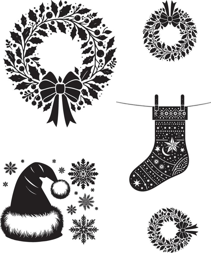 Christmas design elements .a black and white picture of a santa claus decoration and a wreath. vector