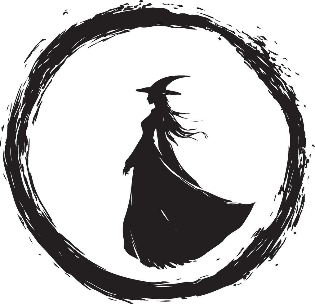 a witch silhouette in a circle with a black and white background vector