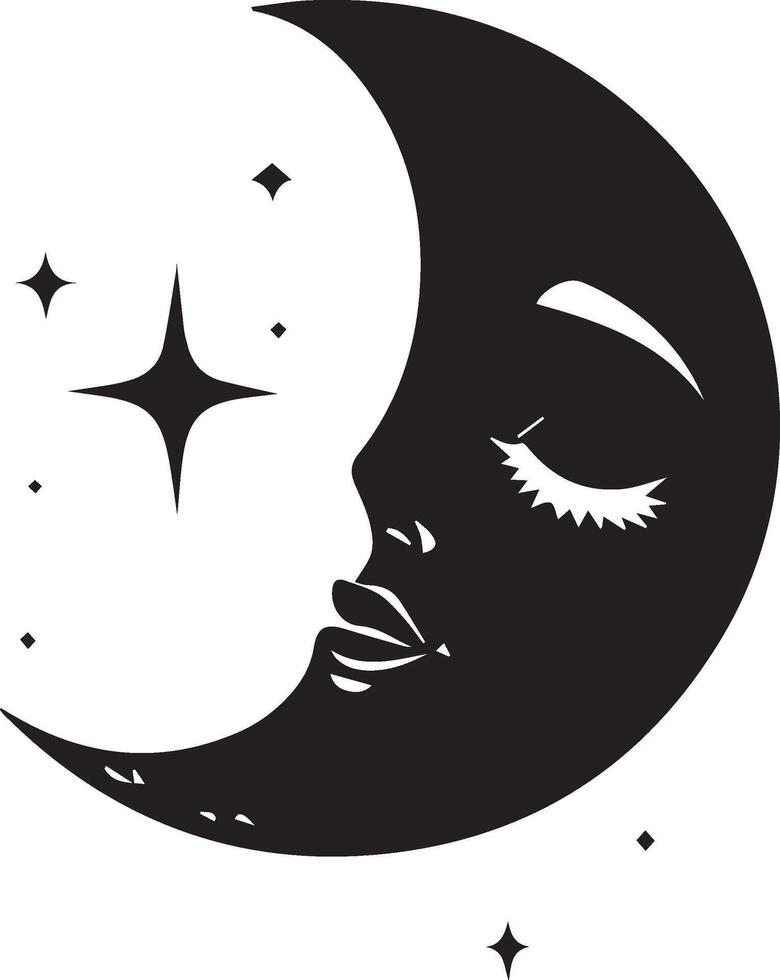 a black and white illustration of a crescent with a woman's face vector
