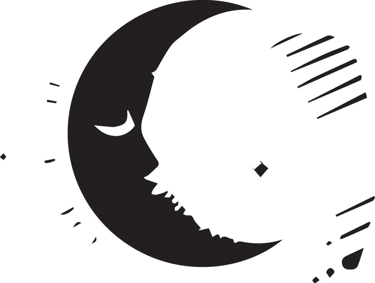 a black and white crescent with a face on it vector