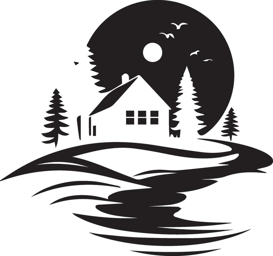 a black and white logo of a house on a lake vector